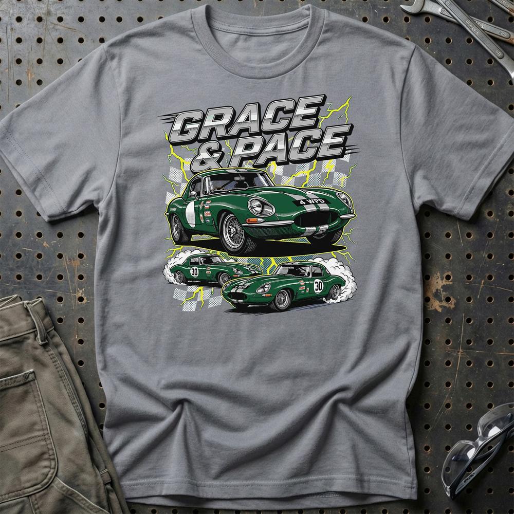 Jaguar E-Type T-Shirt - Grace & Pace | Britisk Racing Ikon T-Shirt-Beklædning-Jaguar-Grå Sport-S-Garage Culture Shop- garage - man cave - merchandise