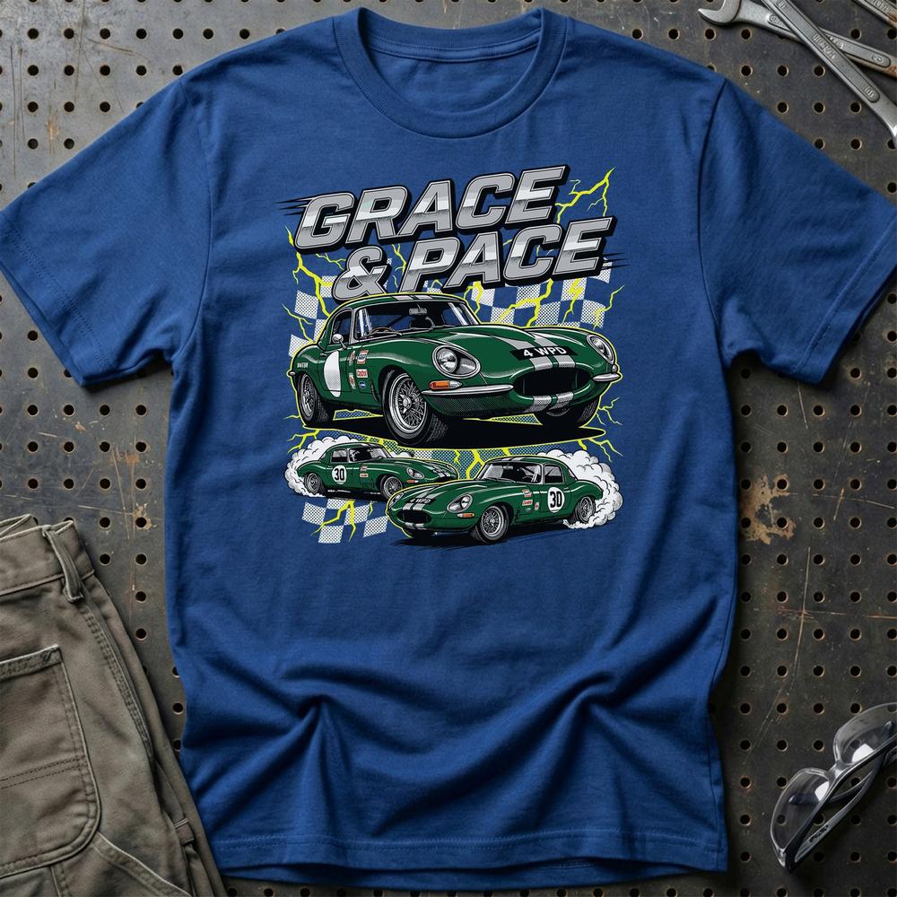 Jaguar E-Type T-Shirt - Grace & Pace | Britisk Racing Ikon T-Shirt-Beklædning-Jaguar-Blå Royal-S-Garage Culture Shop- garage - man cave - merchandise