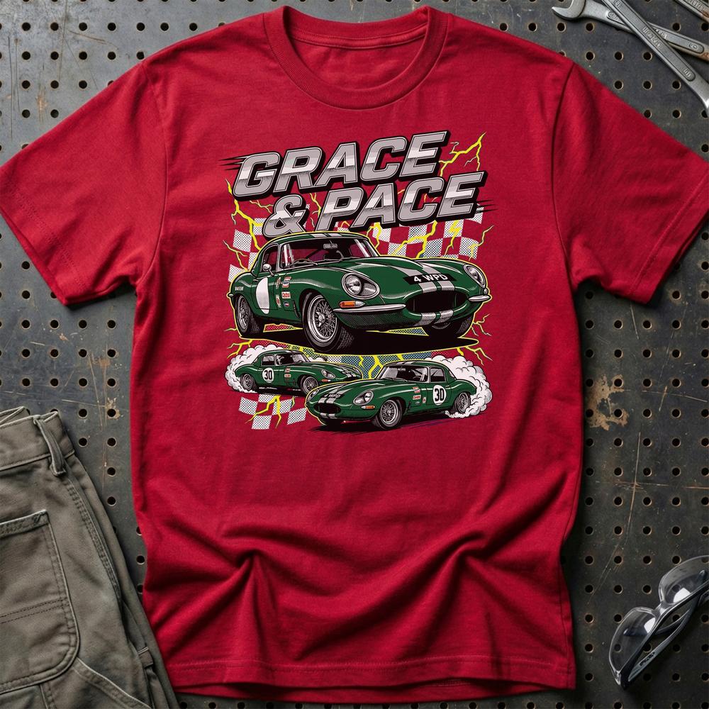 Jaguar E-Type T-Shirt - Grace & Pace | Britisk Racing Ikon T-Shirt-Beklædning-Jaguar-Rød-S-Garage Culture Shop- garage - man cave - merchandise