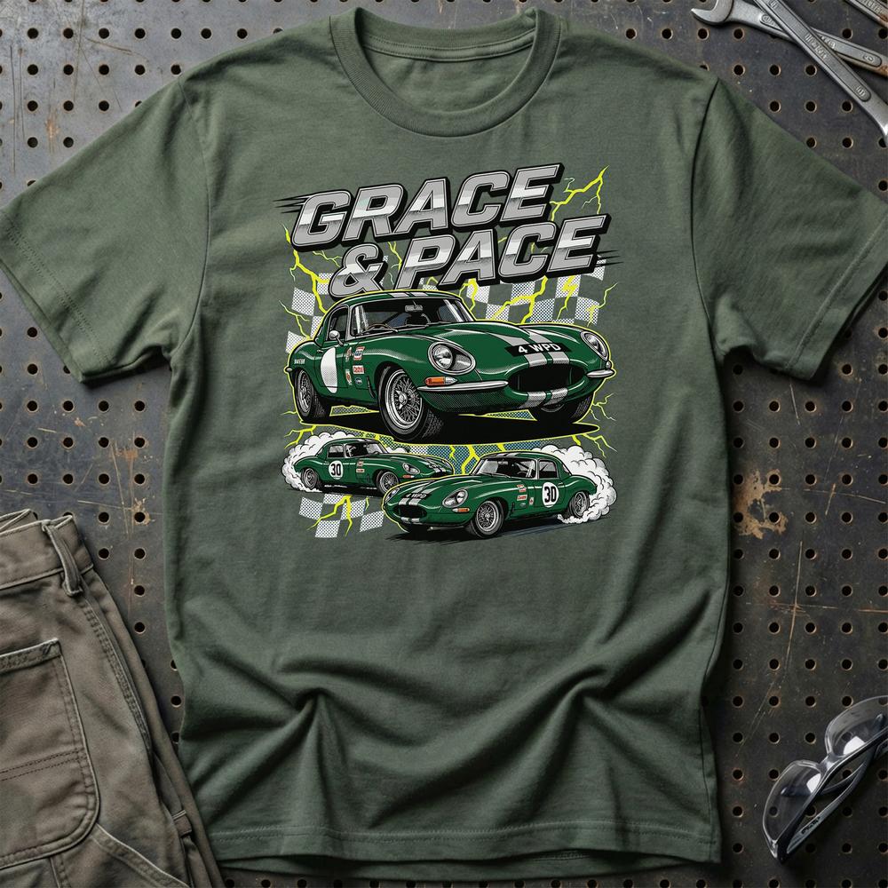 Jaguar E-Type T-Shirt - Grace & Pace | Britisk Racing Ikon T-Shirt-Beklædning-Jaguar-Grøn Militær-S-Garage Culture Shop- garage - man cave - merchandise