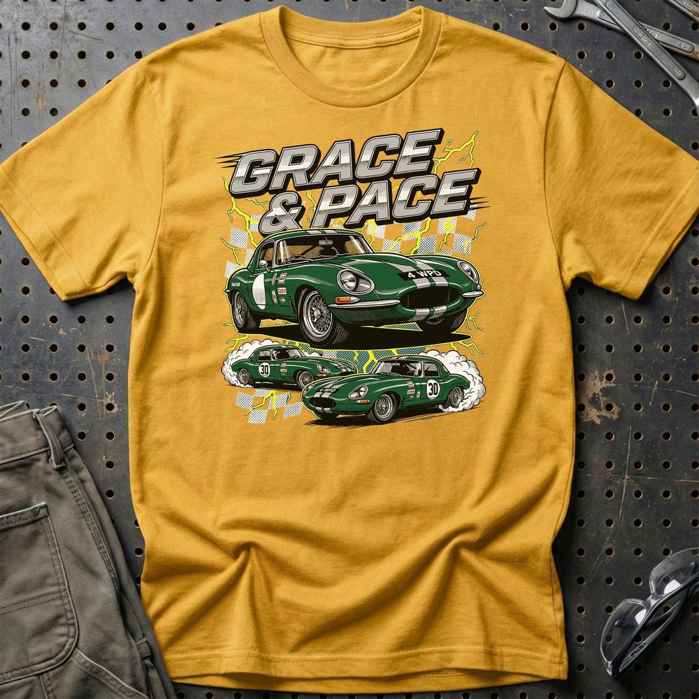 Jaguar E-Type T-Shirt - Grace & Pace | Britisk Racing Ikon T-Shirt-Beklædning-Jaguar-Guld-S-Garage Culture Shop- garage - man cave - merchandise