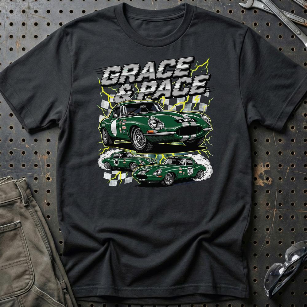 Jaguar E-Type T-Shirt - Grace & Pace | Britisk Racing Ikon T-Shirt-Beklædning-Jaguar-Sort-S-Garage Culture Shop- garage - man cave - merchandise