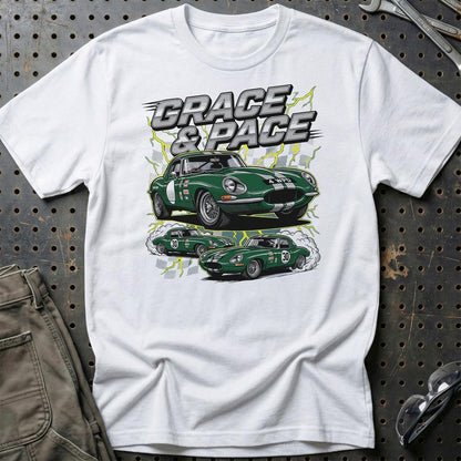 Jaguar E-Type T-Shirt – Grace & Pace | Britisk Racing Ikon - Unisex T-Shirt-Beklædning-Jaguar-Hvid-S-Garage Culture Shop- garage - man cave - merchandise