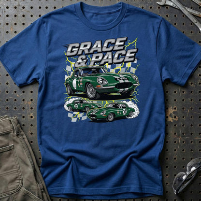 Jaguar E-Type T-Shirt – Grace & Pace | Britisk Racing Ikon - Unisex T-Shirt-Beklædning-Jaguar-Blå Royal-S-Garage Culture Shop- garage - man cave - merchandise