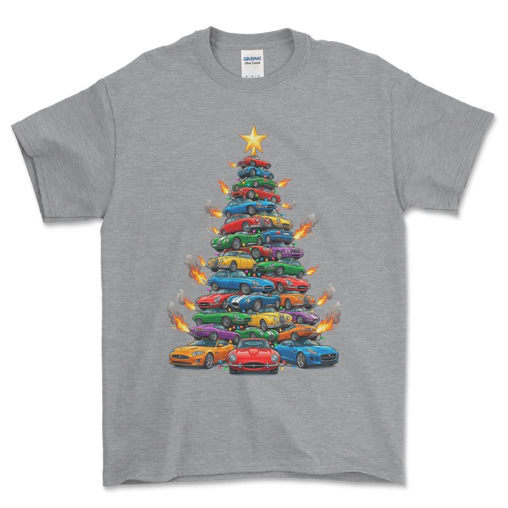 Jaguar Juletræ Christmas Tree - Unisex T-Shirt-Beklædning-Jaguar-Grå Sport-S-Forside-Garage Culture Shop- garage - man cave - merchandise