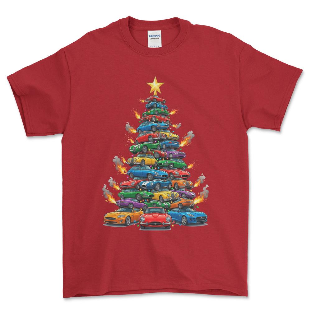 Jaguar Juletræ Christmas Tree - Unisex T-Shirt-Beklædning-Jaguar-Rød-S-Forside-Garage Culture Shop- garage - man cave - merchandise