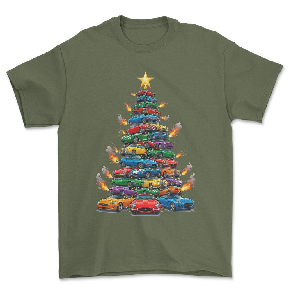 Jaguar Juletræ Christmas Tree - Unisex T-Shirt-Beklædning-Jaguar-Grøn Militær-S-Forside-Garage Culture Shop- garage - man cave - merchandise