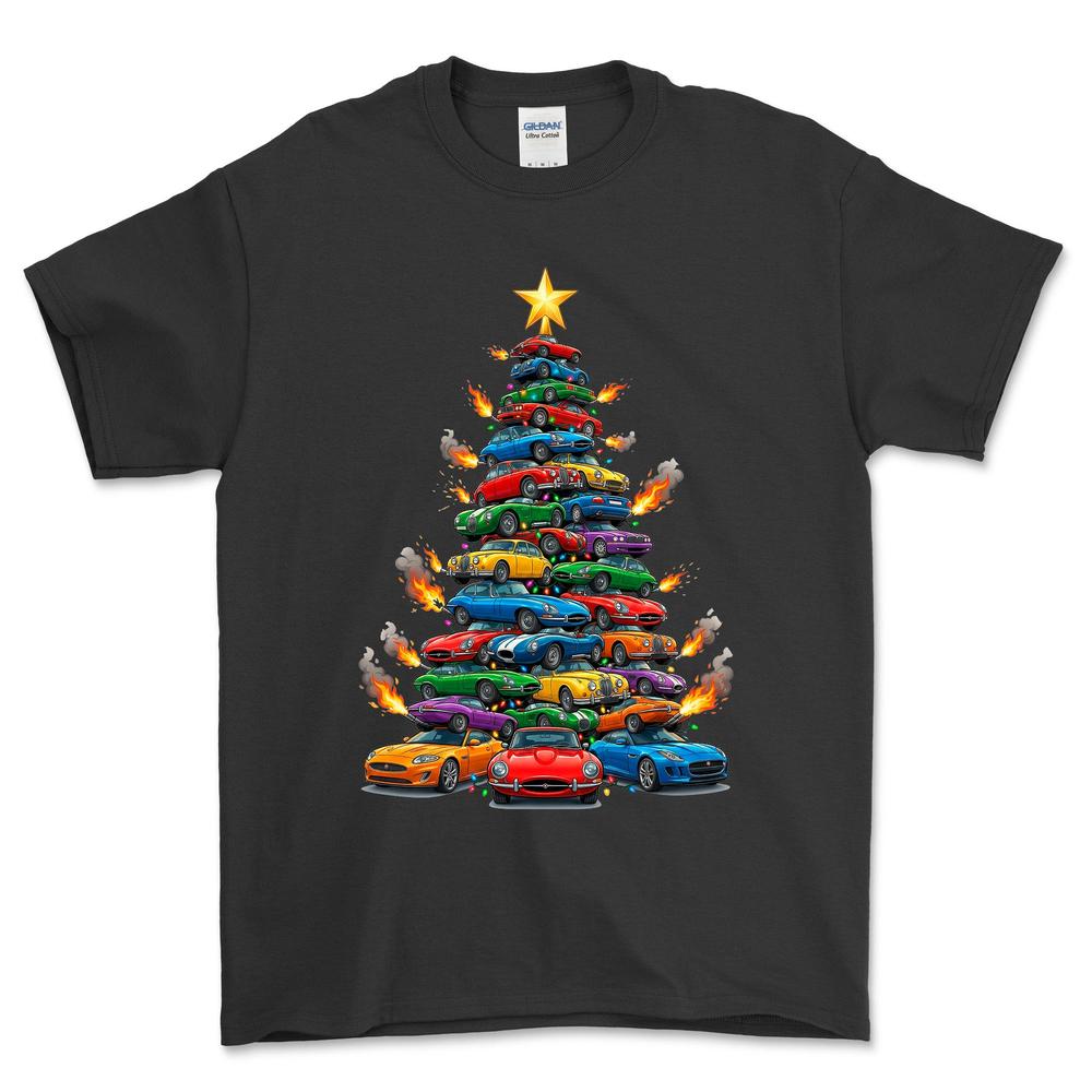 Jaguar Juletræ Christmas Tree - Unisex T-Shirt-Beklædning-Jaguar-Sort-S-Forside-Garage Culture Shop- garage - man cave - merchandise