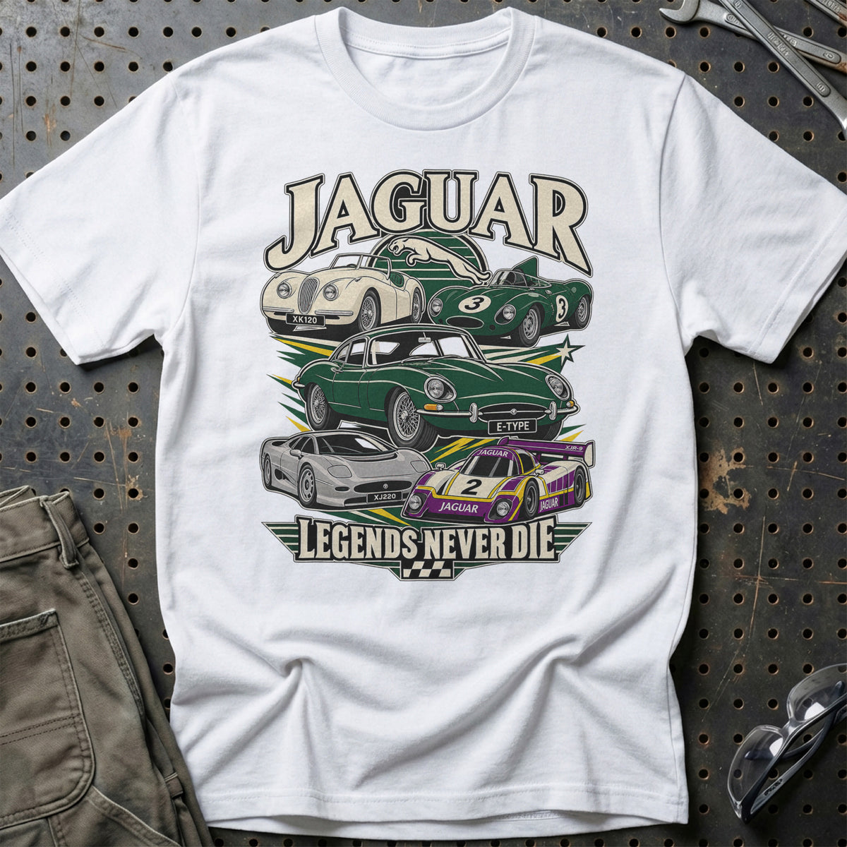 Jaguar Legends Never Die T-Shirt-Beklædning-Jaguar-Hvid-S-Garage Culture Shop- garage - man cave - merchandise
