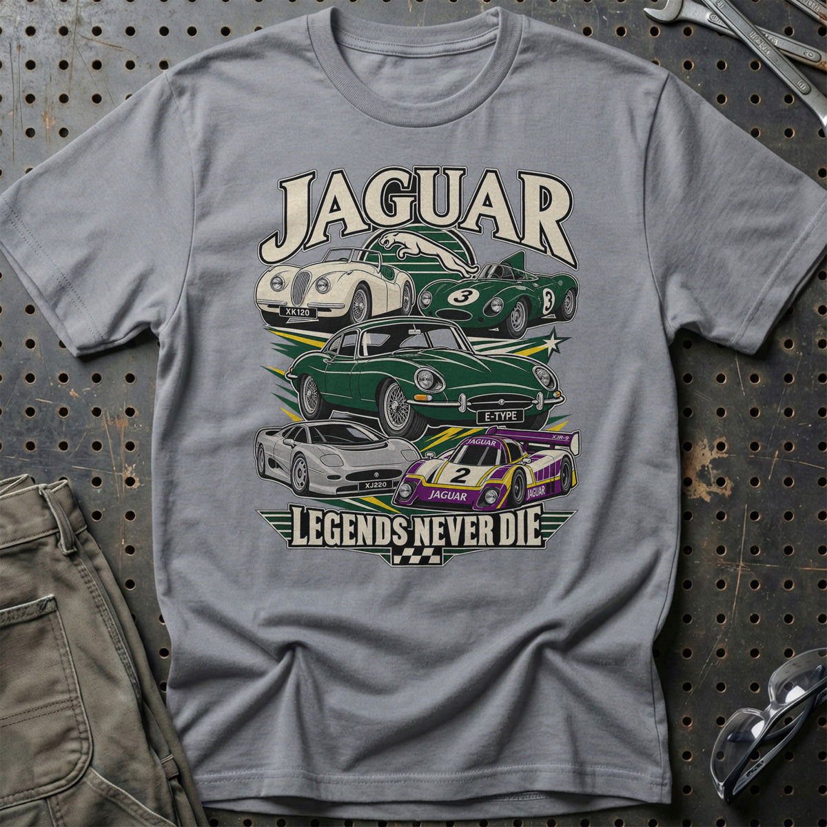 Jaguar Legends Never Die T-Shirt-Beklædning-Jaguar-Grå Sport-S-Garage Culture Shop- garage - man cave - merchandise