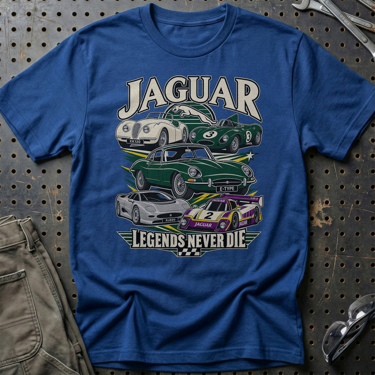 Jaguar Legends Never Die T-Shirt-Beklædning-Jaguar-Blå Royal-S-Garage Culture Shop- garage - man cave - merchandise