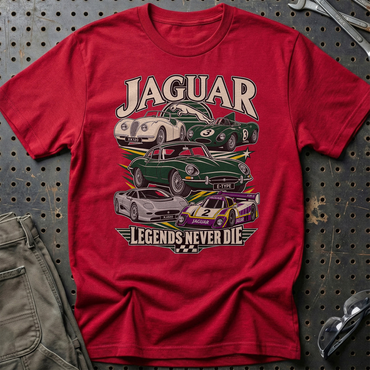 Jaguar Legends Never Die T-Shirt-Beklædning-Jaguar-Rød-S-Garage Culture Shop- garage - man cave - merchandise