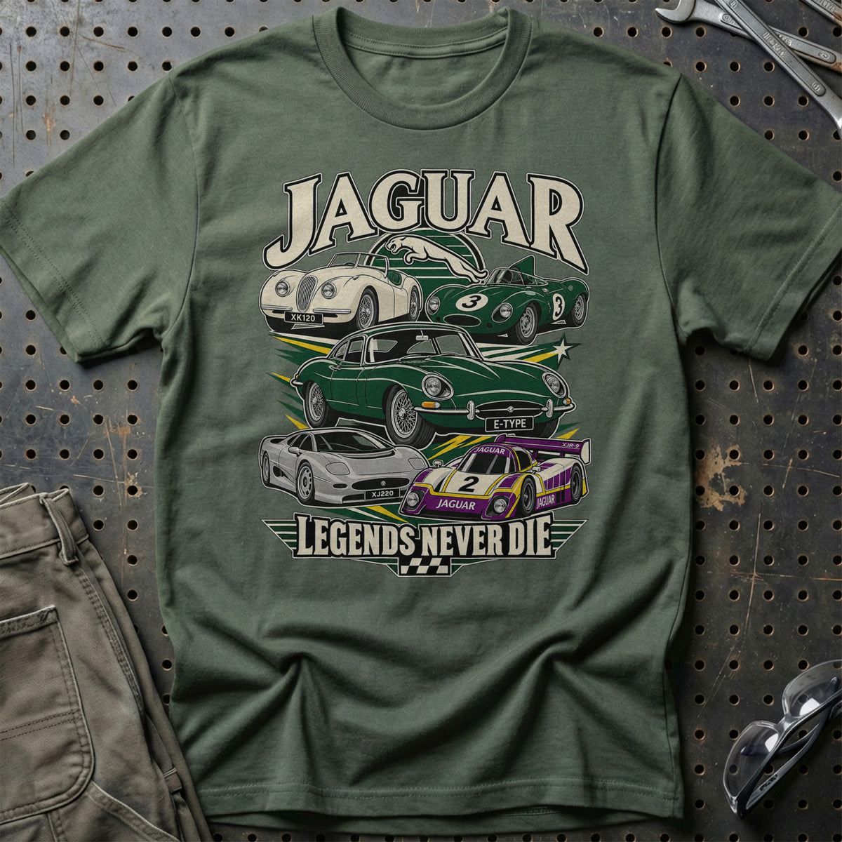 Jaguar Legends Never Die T-Shirt-Beklædning-Jaguar-Grøn Militær-S-Garage Culture Shop- garage - man cave - merchandise