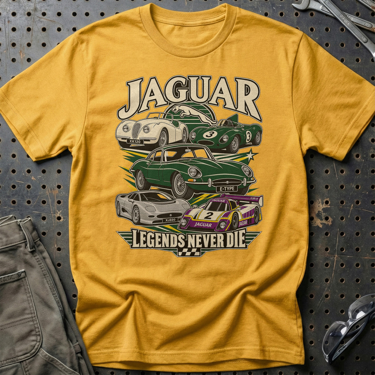 Jaguar Legends Never Die T-Shirt-Beklædning-Jaguar-Guld-S-Garage Culture Shop- garage - man cave - merchandise