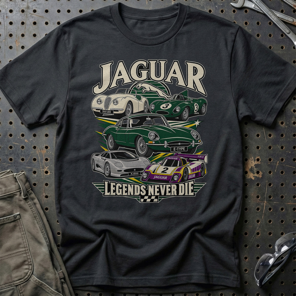 Jaguar Legends Never Die T-Shirt-Beklædning-Jaguar-Sort-S-Garage Culture Shop- garage - man cave - merchandise