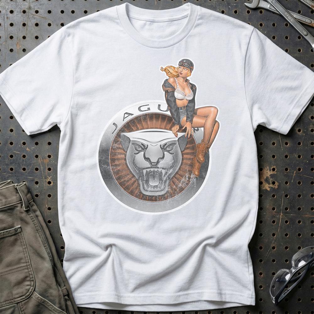 Jaguar Pinup T-Shirt-Beklædning-Jaguar-Hvid-S-Garage Culture Shop- garage - man cave - merchandise