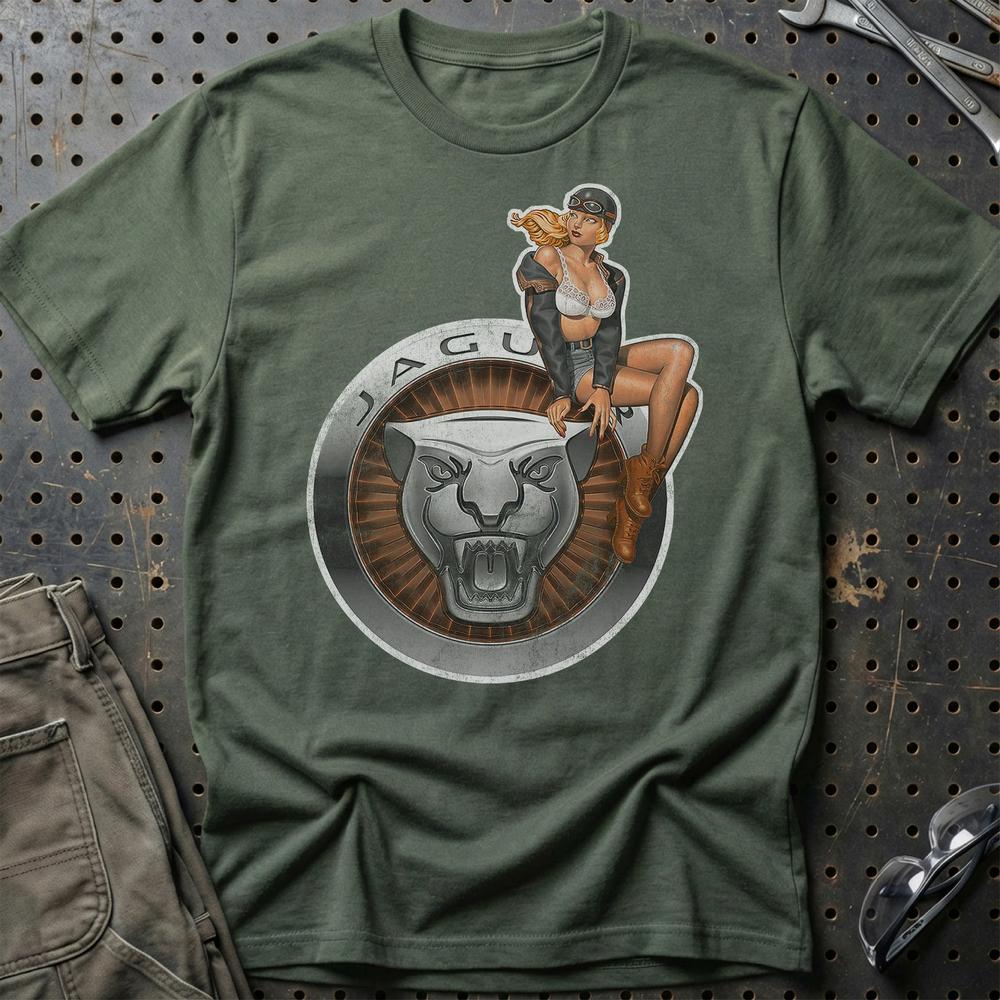 Jaguar Pinup T-Shirt-Beklædning-Jaguar-Grøn Militær-S-Garage Culture Shop- garage - man cave - merchandise