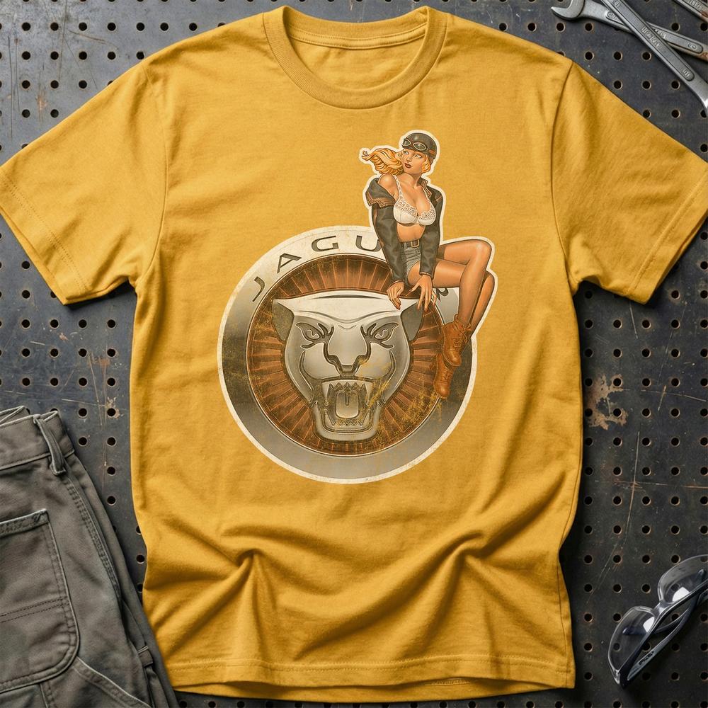 Jaguar Pinup T-Shirt-Beklædning-Jaguar-Guld-S-Garage Culture Shop- garage - man cave - merchandise