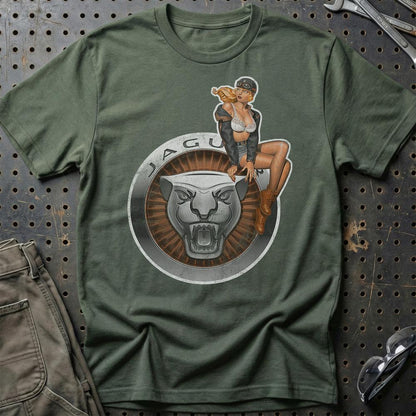 Jaguar Pinup - Unisex T-Shirt , Bomuld-Beklædning-Jaguar-Grøn Militær-S-Garage Culture Shop- garage - man cave - merchandise
