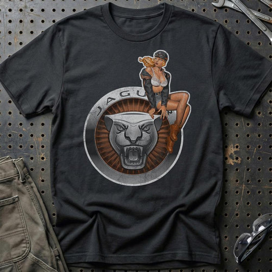 Jaguar Pinup - Unisex T-Shirt , Bomuld-Beklædning-Jaguar-Sort-S-Garage Culture Shop- garage - man cave - merchandise