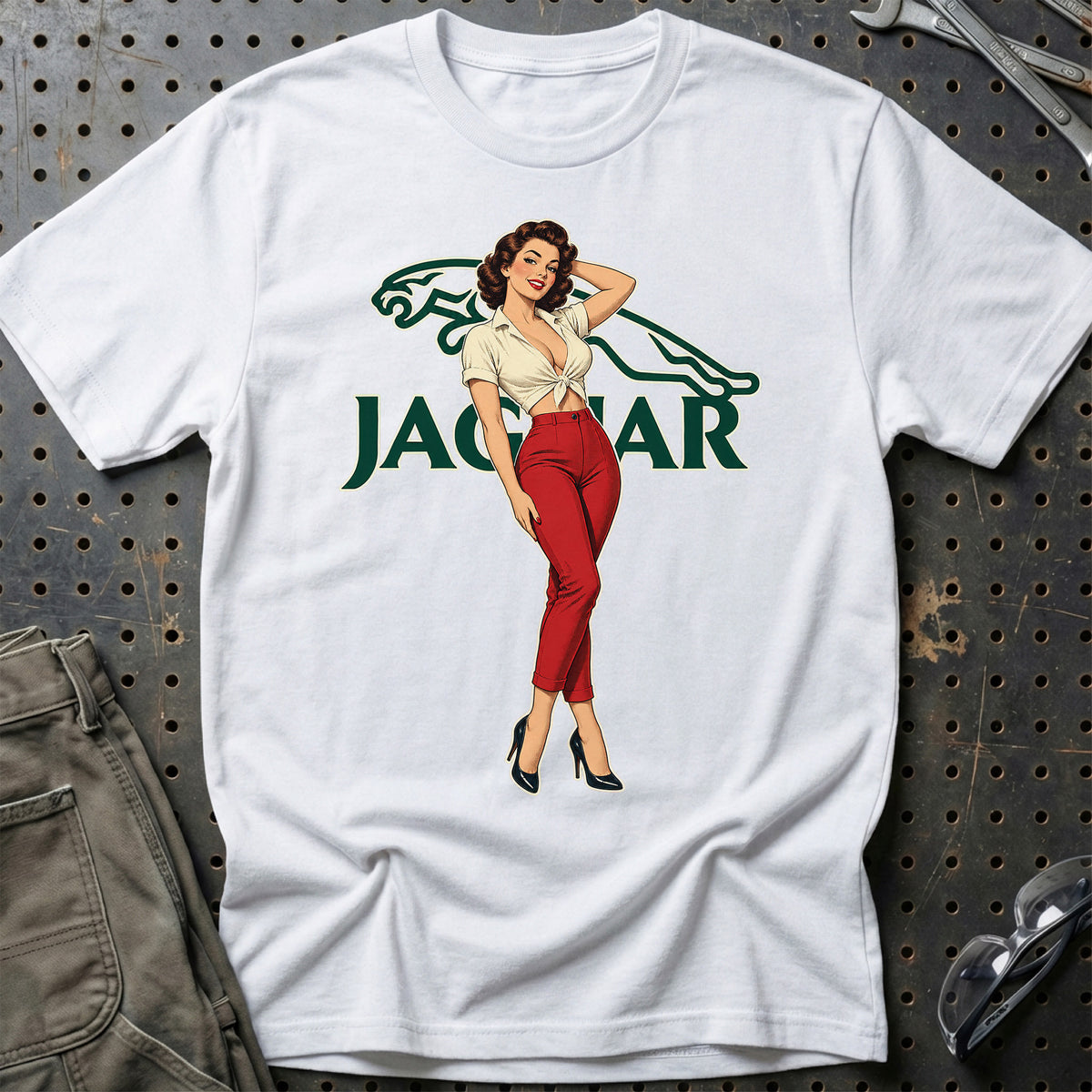 Jaguar Retro Pinup T-Shirt-Beklædning-Jaguar-Hvid-S-Garage Culture Shop- garage - man cave - merchandise