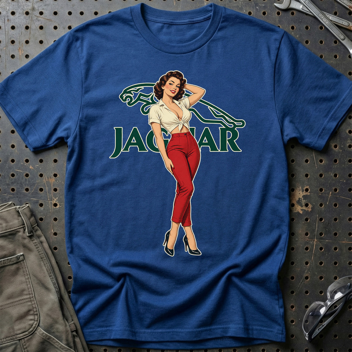 Jaguar Retro Pinup T-Shirt-Beklædning-Jaguar-Blå Royal-S-Garage Culture Shop- garage - man cave - merchandise