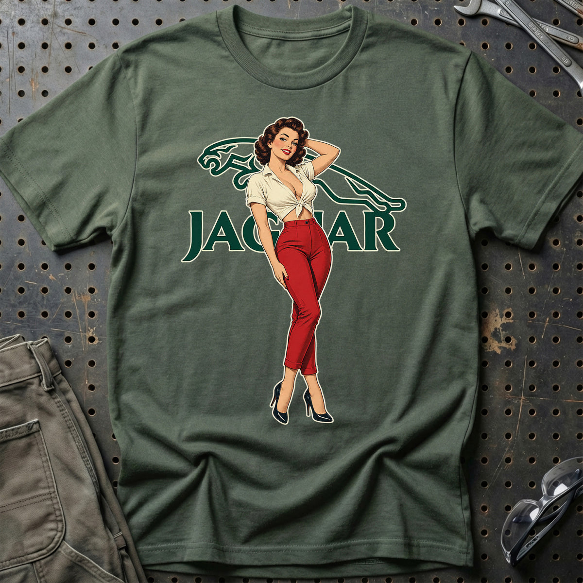 Jaguar Retro Pinup T-Shirt-Beklædning-Jaguar-Grøn Militær-S-Garage Culture Shop- garage - man cave - merchandise