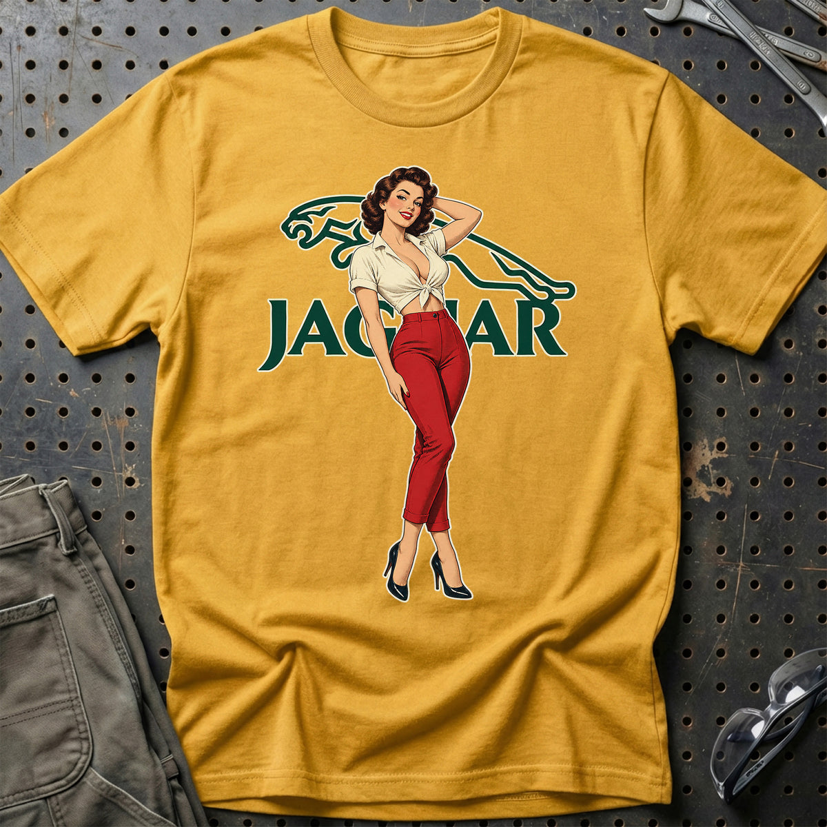 Jaguar Retro Pinup T-Shirt-Beklædning-Jaguar-Guld-S-Garage Culture Shop- garage - man cave - merchandise