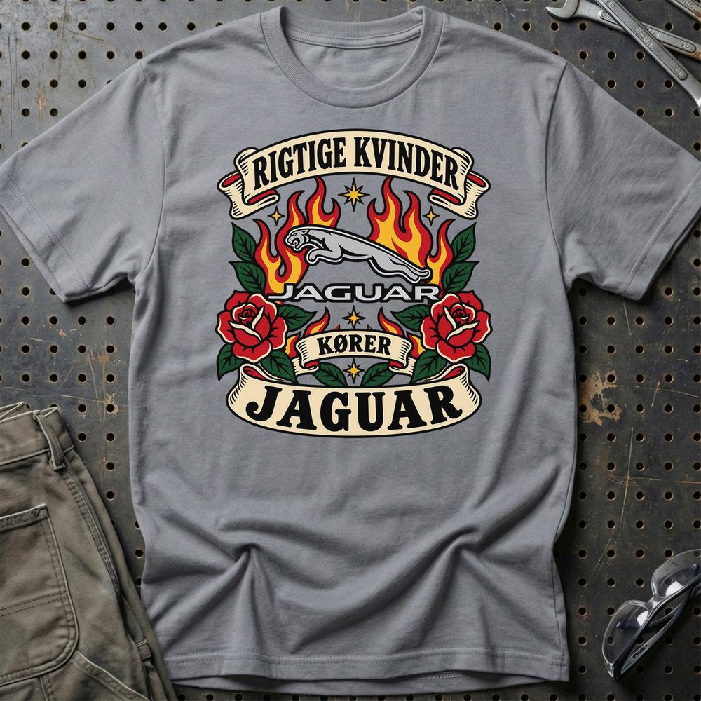 Jaguar Rigtige Kvinder Kører – Roser og Flammer T-Shirt-Beklædning-Jaguar-Grå Sport-S-Garage Culture Shop- garage - man cave - merchandise