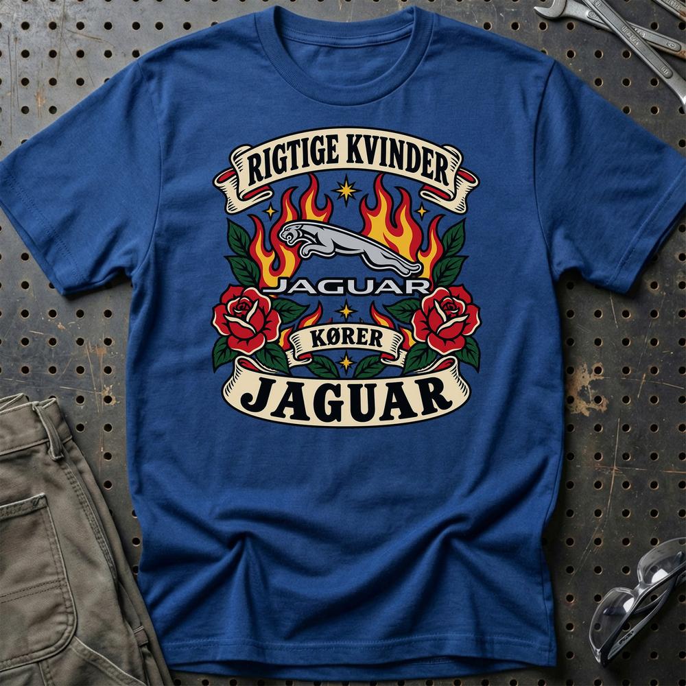 Jaguar Rigtige Kvinder Kører – Roser og Flammer T-Shirt-Beklædning-Jaguar-Blå Royal-S-Garage Culture Shop- garage - man cave - merchandise