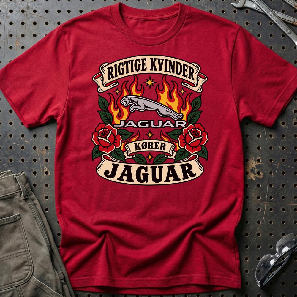 Jaguar Rigtige Kvinder Kører – Roser og Flammer T-Shirt-Beklædning-Jaguar-Rød-S-Garage Culture Shop- garage - man cave - merchandise