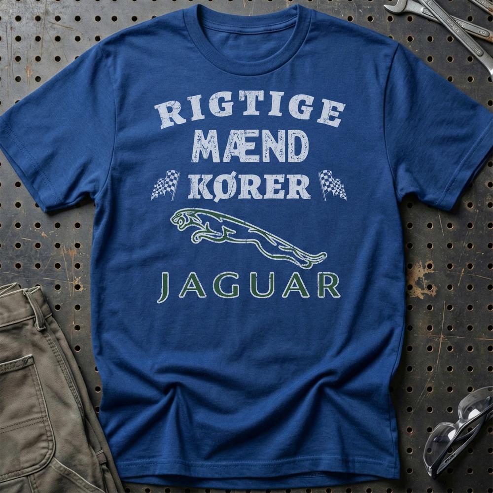 Jaguar Rigtige Mænd Kører - Unisex T-Shirt , Bomuld-Beklædning-Jaguar-Blå Royal-S-Garage Culture Shop- garage - man cave - merchandise