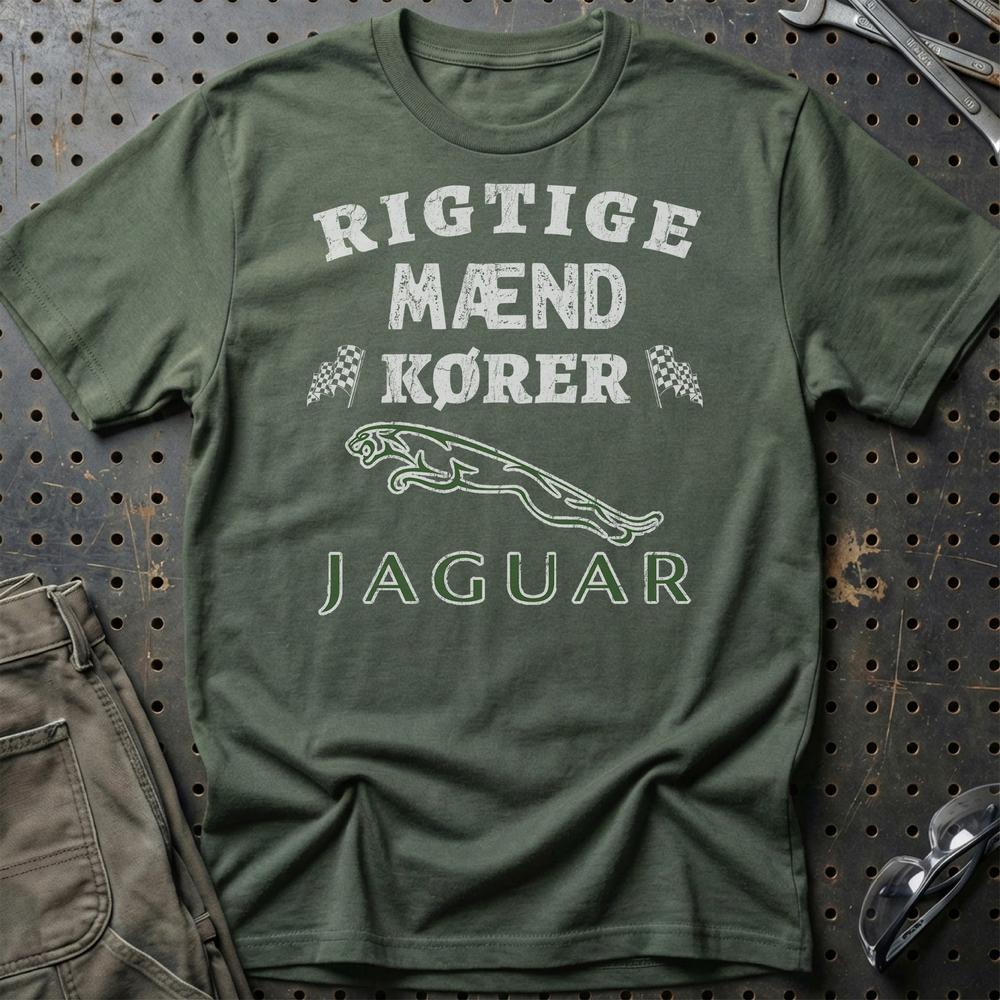 Jaguar Rigtige Mænd Kører - Unisex T-Shirt , Bomuld-Beklædning-Jaguar-Grøn Militær-S-Garage Culture Shop- garage - man cave - merchandise
