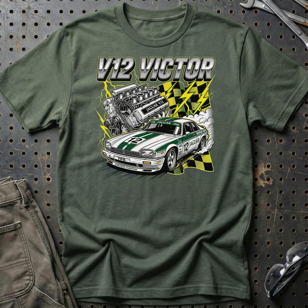 Jaguar XJS V12 T-Shirt - V12 Victor T-Shirt-Beklædning-Jaguar-Grøn Militær-S-Garage Culture Shop- garage - man cave - merchandise