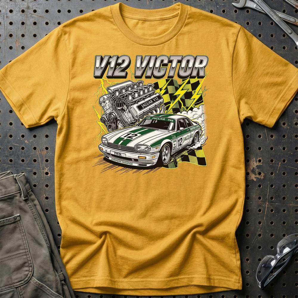 Jaguar XJS V12 T-Shirt - V12 Victor T-Shirt-Beklædning-Jaguar-Guld-S-Garage Culture Shop- garage - man cave - merchandise