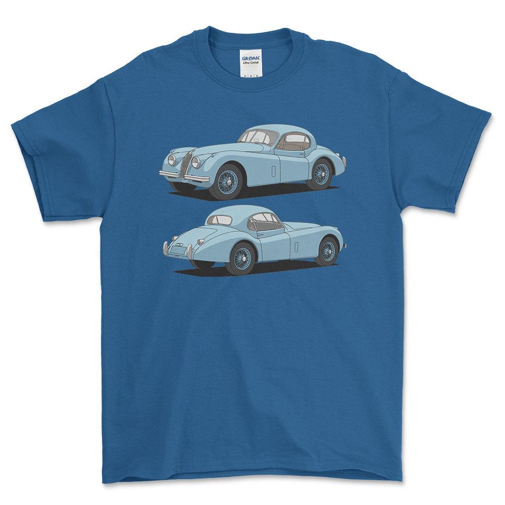 Jaguar XK 120 FHC 1953 - Unisex T-Shirt-Beklædning-Jaguar-Blå Royal-S-Forside-Garage Culture Shop- garage - man cave - merchandise