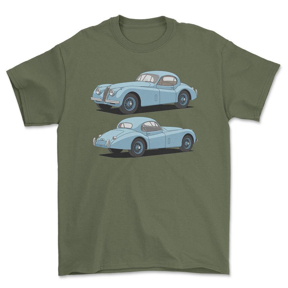 Jaguar XK 120 FHC 1953 - Unisex T-Shirt-Beklædning-Jaguar-Grøn Militær-S-Forside-Garage Culture Shop- garage - man cave - merchandise