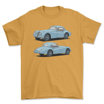 Jaguar XK 120 FHC 1953 - Unisex T-Shirt-Beklædning-Jaguar-Guld-S-Forside-Garage Culture Shop- garage - man cave - merchandise