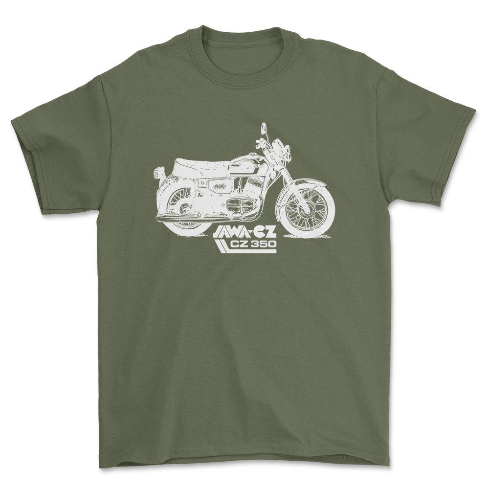 Jawa Cz 350 Unisex T-Shirt , Bomuld-Beklædning-Jawa-Grøn Militær-S-Forside-Garage Culture Shop- garage - man cave - merchandise