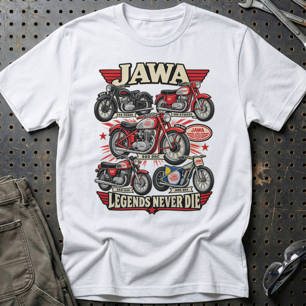 Jawa Legends Never Die T-Shirt-Beklædning-Jawa-Hvid-S-Garage Culture Shop- garage - man cave - merchandise