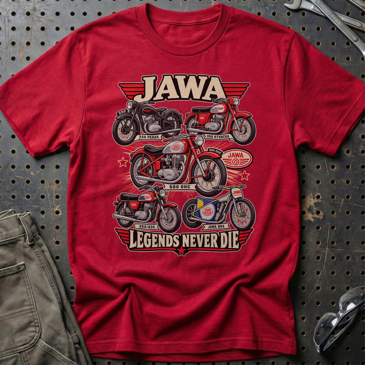 Jawa Legends Never Die T-Shirt-Beklædning-Jawa-Rød-S-Garage Culture Shop- garage - man cave - merchandise