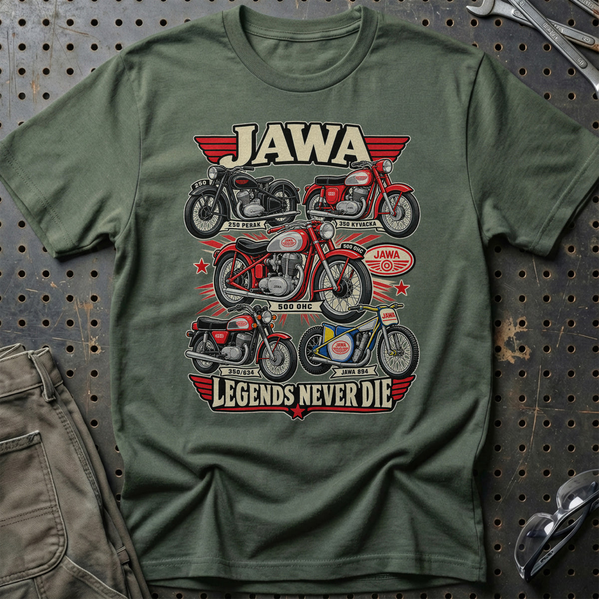 Jawa Legends Never Die T-Shirt-Beklædning-Jawa-Grøn Militær-S-Garage Culture Shop- garage - man cave - merchandise