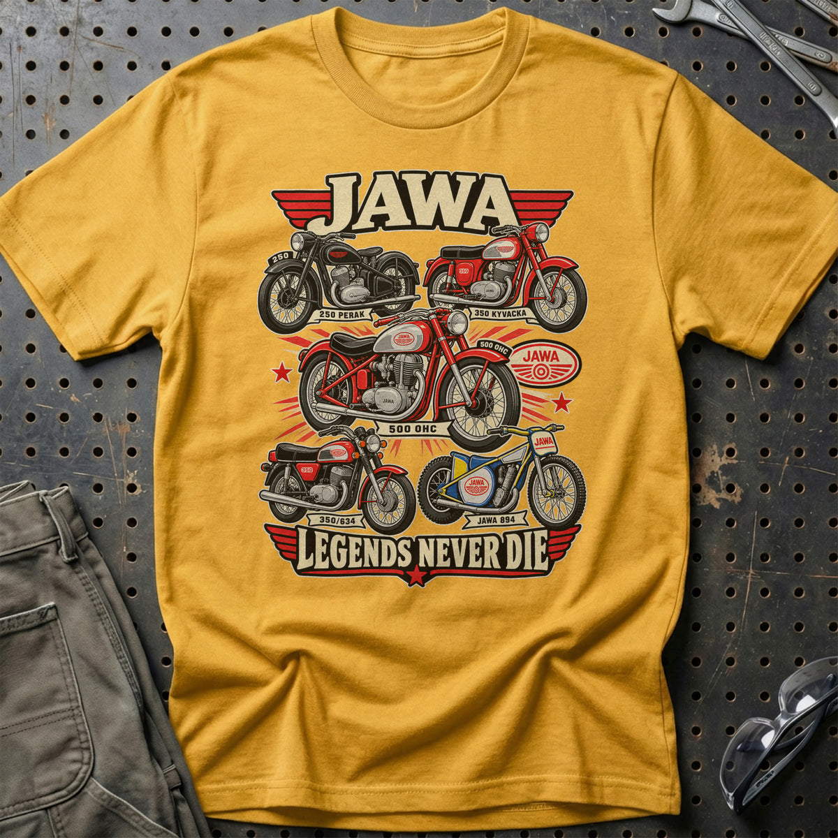 Jawa Legends Never Die T-Shirt-Beklædning-Jawa-Guld-S-Garage Culture Shop- garage - man cave - merchandise