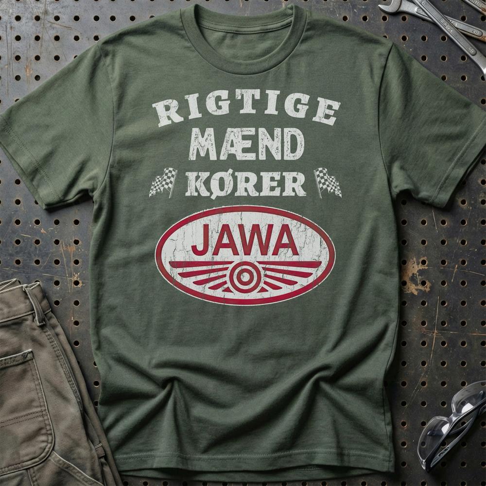 Jawa Rigtige Mænd Kører T-Shirt-Beklædning-Jawa-Grøn Militær-S-Garage Culture Shop- garage - man cave - merchandise