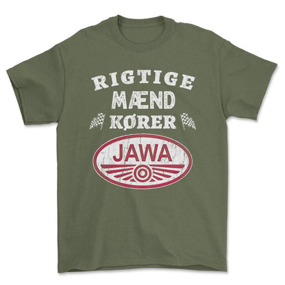 Jawa Rigtige Mænd Kører - Unisex T-Shirt , Bomuld-Beklædning-Jawa-Grøn Militær-S-Forside-Garage Culture Shop- garage - man cave - merchandise