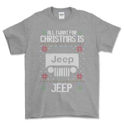 Jeep - All I Want For Christmas - Unisex T-Shirt , Bomuld-Beklædning-Jeep-Grå Sport-S-Forside-Garage Culture Shop- garage - man cave - merchandise