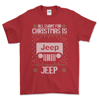 Jeep - All I Want For Christmas - Unisex T-Shirt , Bomuld-Beklædning-Jeep-Rød-S-Forside-Garage Culture Shop- garage - man cave - merchandise