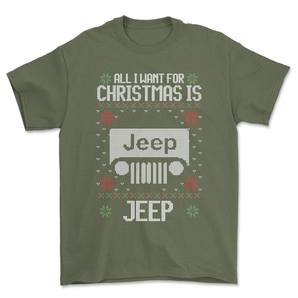 Jeep - All I Want For Christmas - Unisex T-Shirt , Bomuld-Beklædning-Jeep-Grøn Militær-S-Forside-Garage Culture Shop- garage - man cave - merchandise