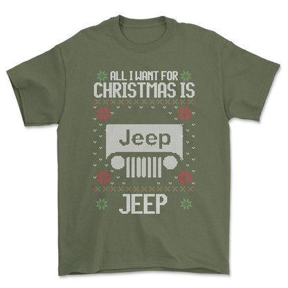Jeep - All I Want For Christmas - Unisex T-Shirt , Bomuld-Beklædning-Jeep-Grøn Militær-S-Forside-Garage Culture Shop- garage - man cave - merchandise