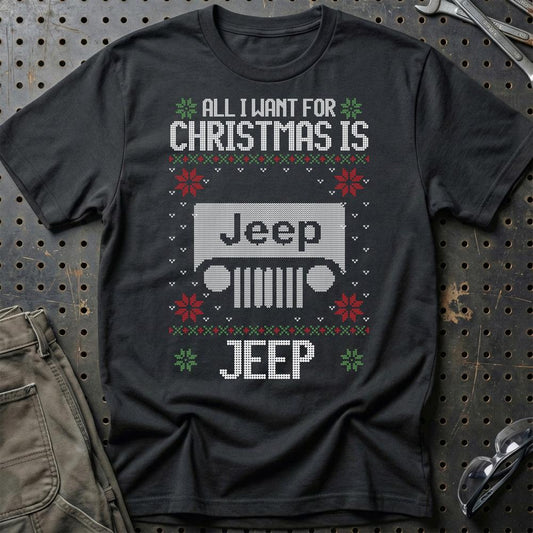 Jeep - All I Want For Christmas - Unisex T-Shirt , Bomuld-Beklædning-Jeep-Sort-S-Garage Culture Shop- garage - man cave - merchandise